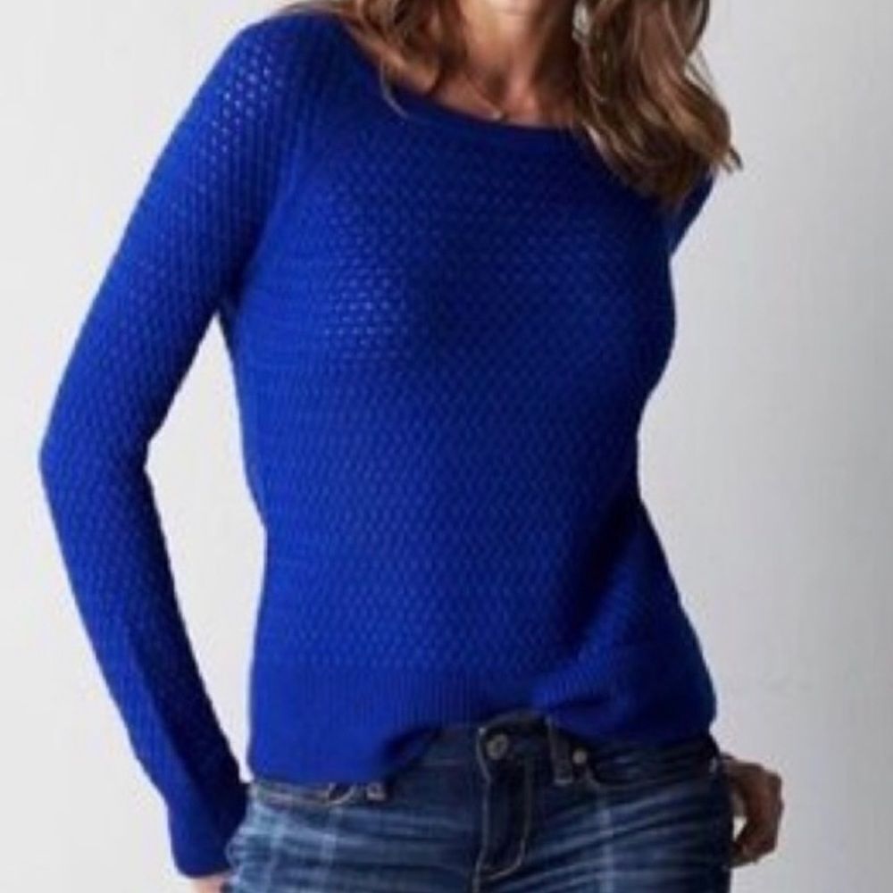 American Eagle Basketweave Knit Crewneck Sweater Royal Blue Medium